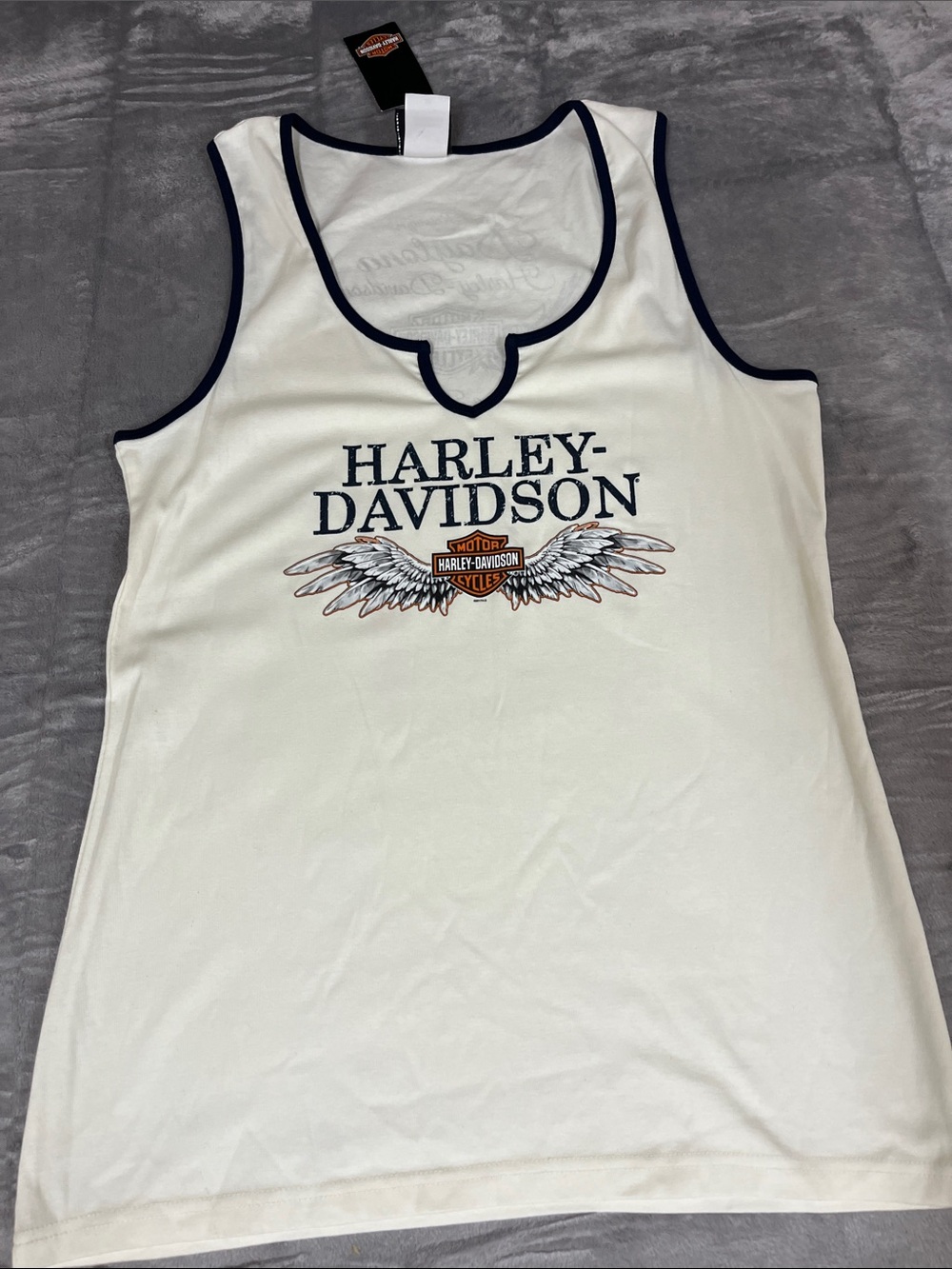 Harley-Davidson White Tank with Navy Trim and Winged Logo